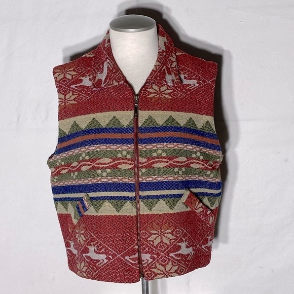 Vintage Seasons Sport Red Full Front Zip Jacquard Vest M - Picture 2 of 12
